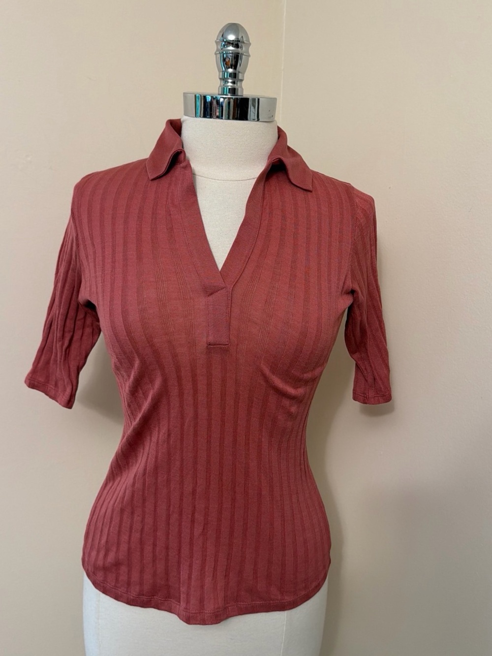 Vince Elbow Sleeve Polo Shirt in Peony Wood S